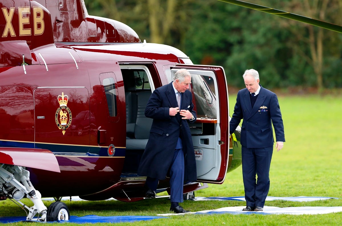 Prince Charles exits a Sikorsky Helicopter (The queen's helicopter) for visit to Essex