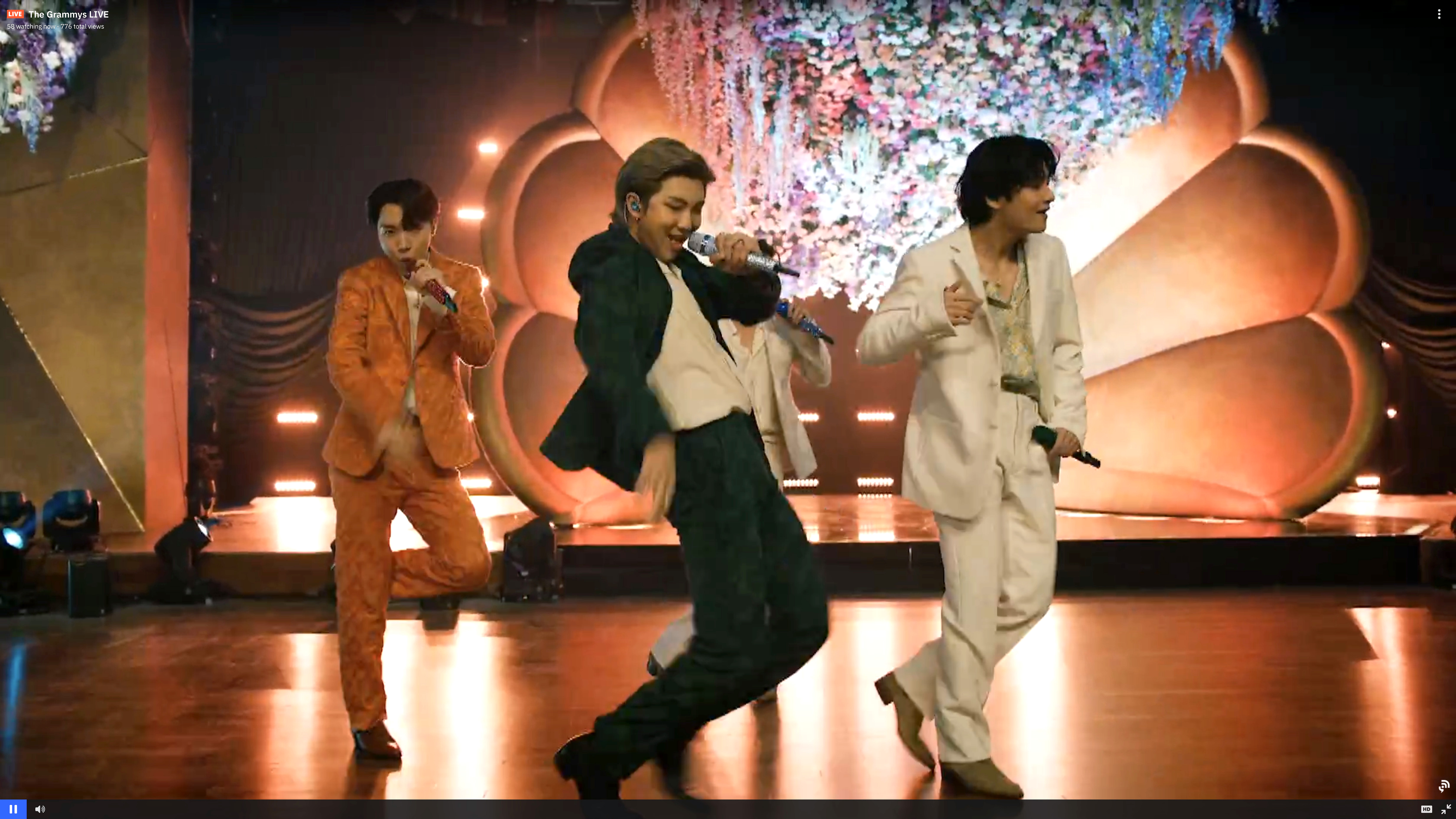 J-Hope, RM, and V of BTS perform on stage during the 63rd Annual GRAMMY Awards