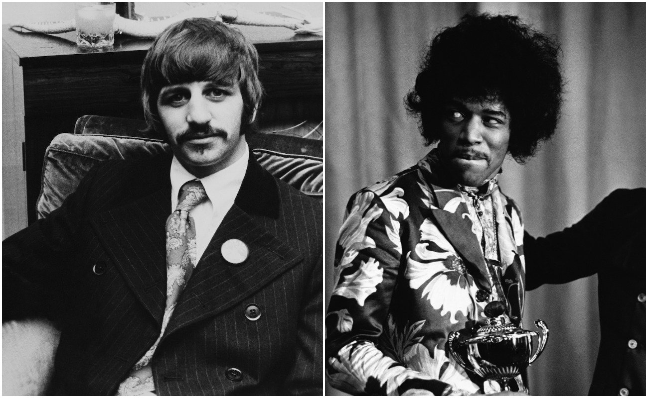 (L-R) Ringo Starr wearing a suit and tie in 1967, and Jimi Hendrix winning an award in 1967.