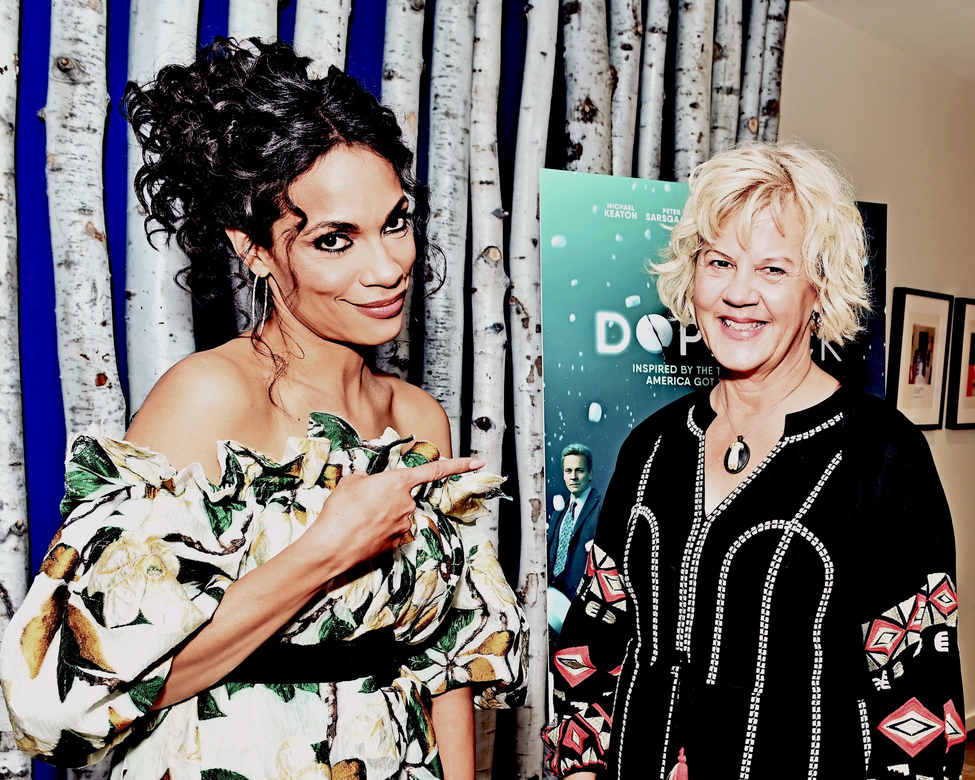 'Dopesick' cast member Rosario Dawson pointing at the author that the Hulu series is based on, Beth Macy