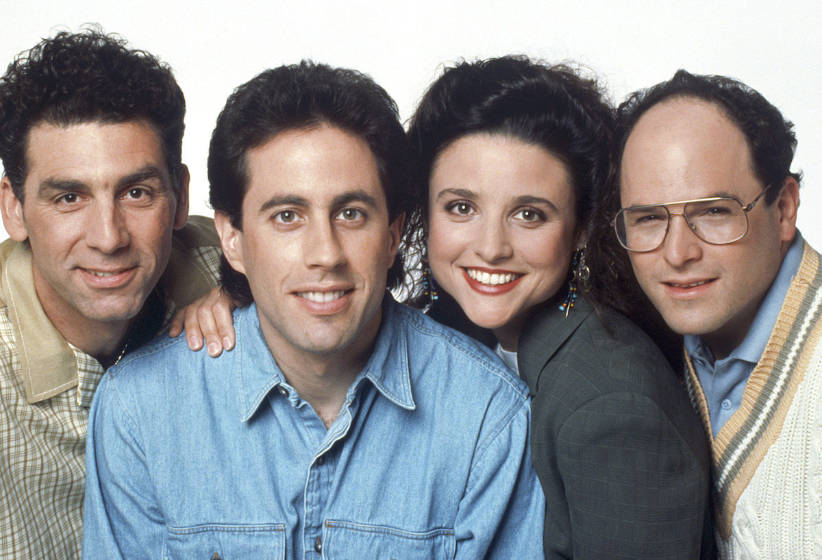 Seinfeld cast: Michael Richards as Cosmo Kramer, Jerry Seinfeld as Jerry Seinfeld, Julia Louis-Dreyfus as Elaine Benes, and Jason Alexander as George Costanza