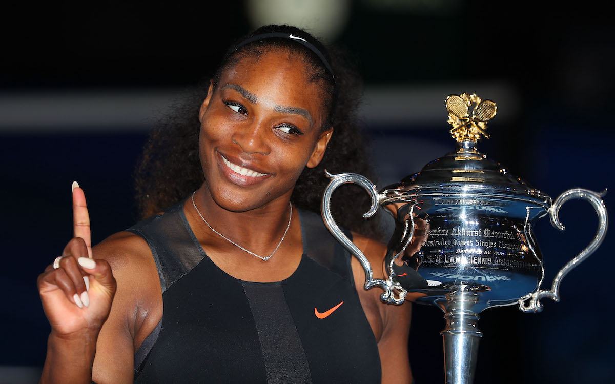 Serena Williams poses with the Daphne Akhurst Trophy after winning the Women's Singles Final of the 2017 Australian Open