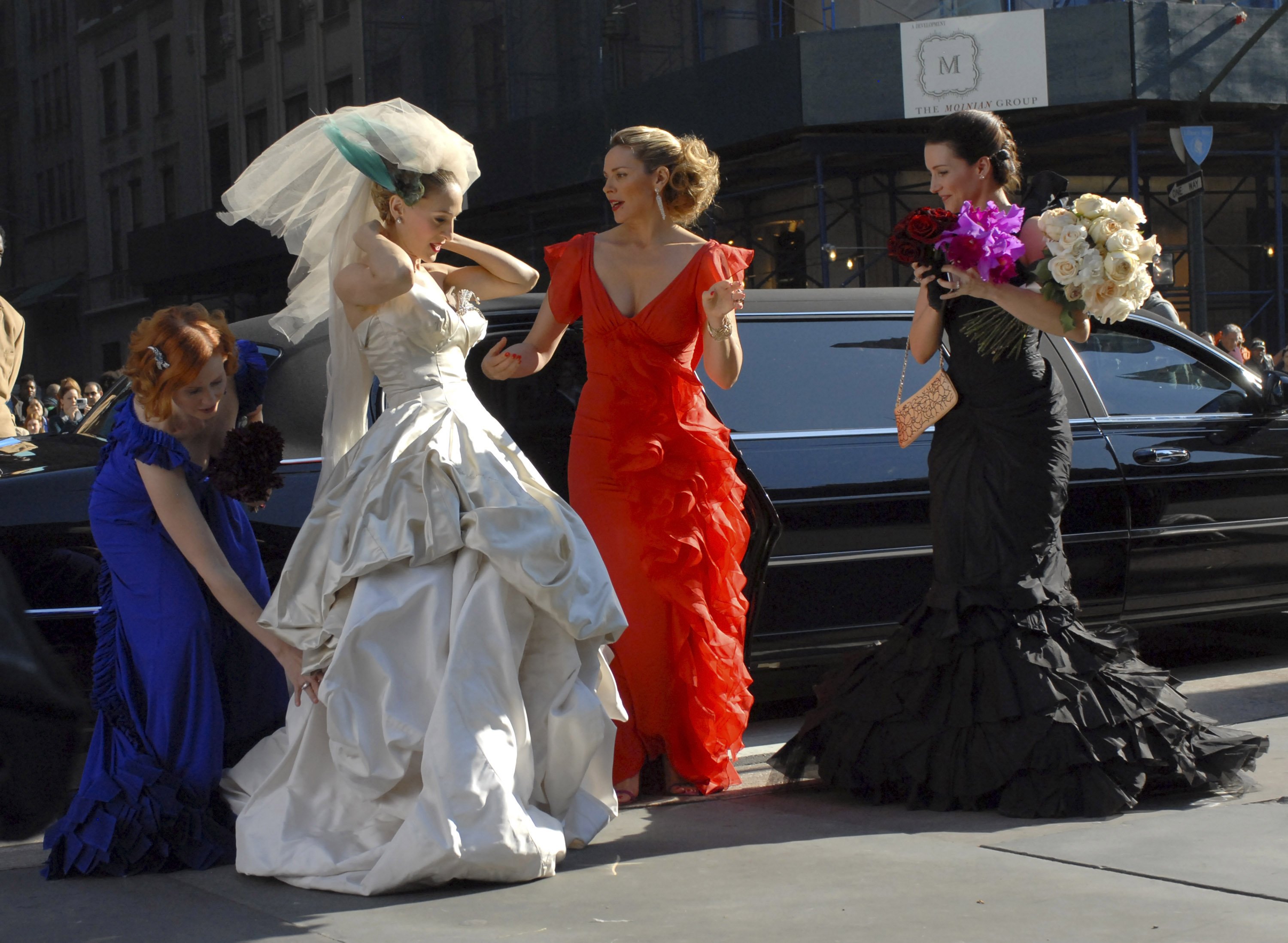 Cynthia Nixon as Miranda Hobbes, Sarah Jessica Parker as Carrie Bradshaw, Kim Cattrall as Samantha Jones and Kristin Davis as Charlotte York on the set of 'Sex and the City: The Movie'