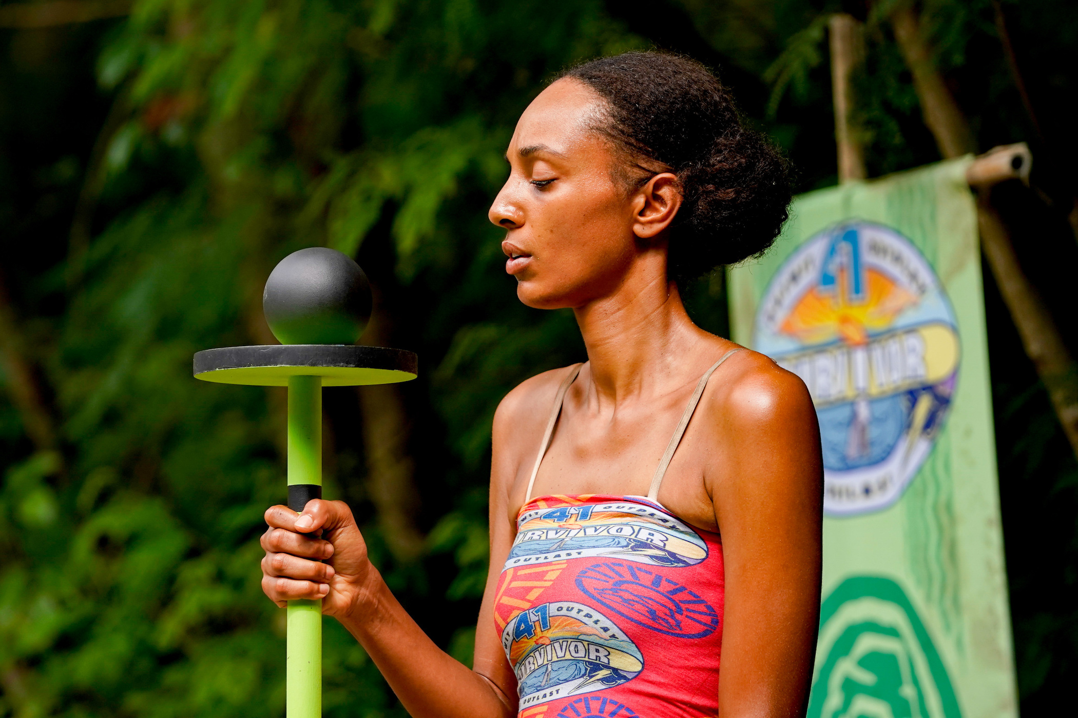 A close-up of Shan competing during the immunity challenge on 'Survivor' Season 41. 'Survivor' Season 41 spoilers note Shan gets eliminated in episode 10.