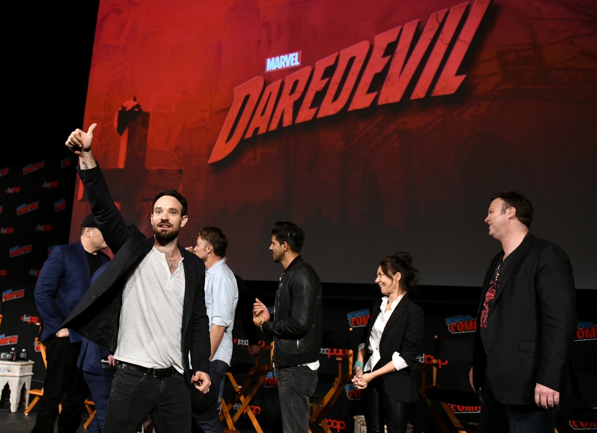 Charlie Cox, Wilson Bethel, Jay Ali, Joanne Whalley, and Erik Oleson at the Marvel's 'Daredevil' panel at New York Comic Con 2018