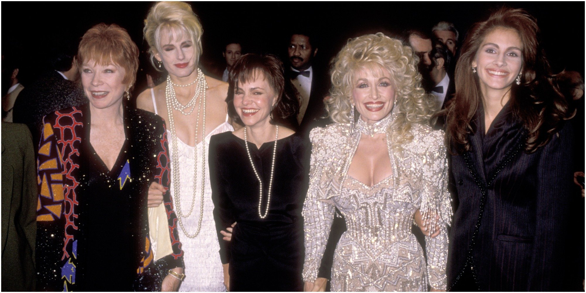 Shirley MacLaine, Daryl Hannah, Sally Field, Dolly Parton and Julia Roberts appear during the red carpet for Steel Magnolias in 1989.