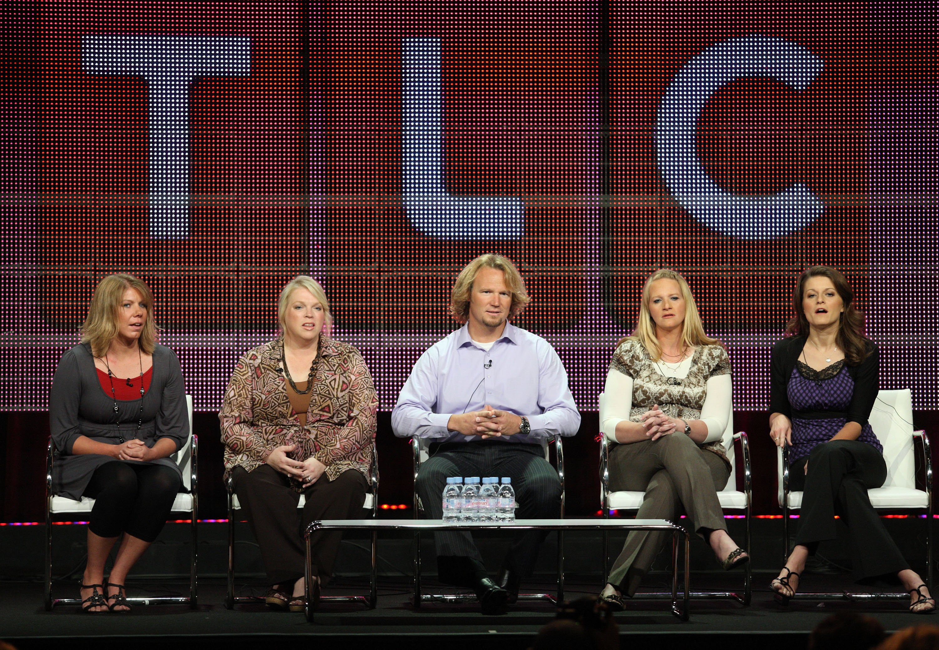 Meri Brown, Janelle Brown, Kody Brown, Christine Brown and Robyn Brown appear on stage at the 2010 Summer TCA Press Tour ahead of the premiere of 'Sister Wives'