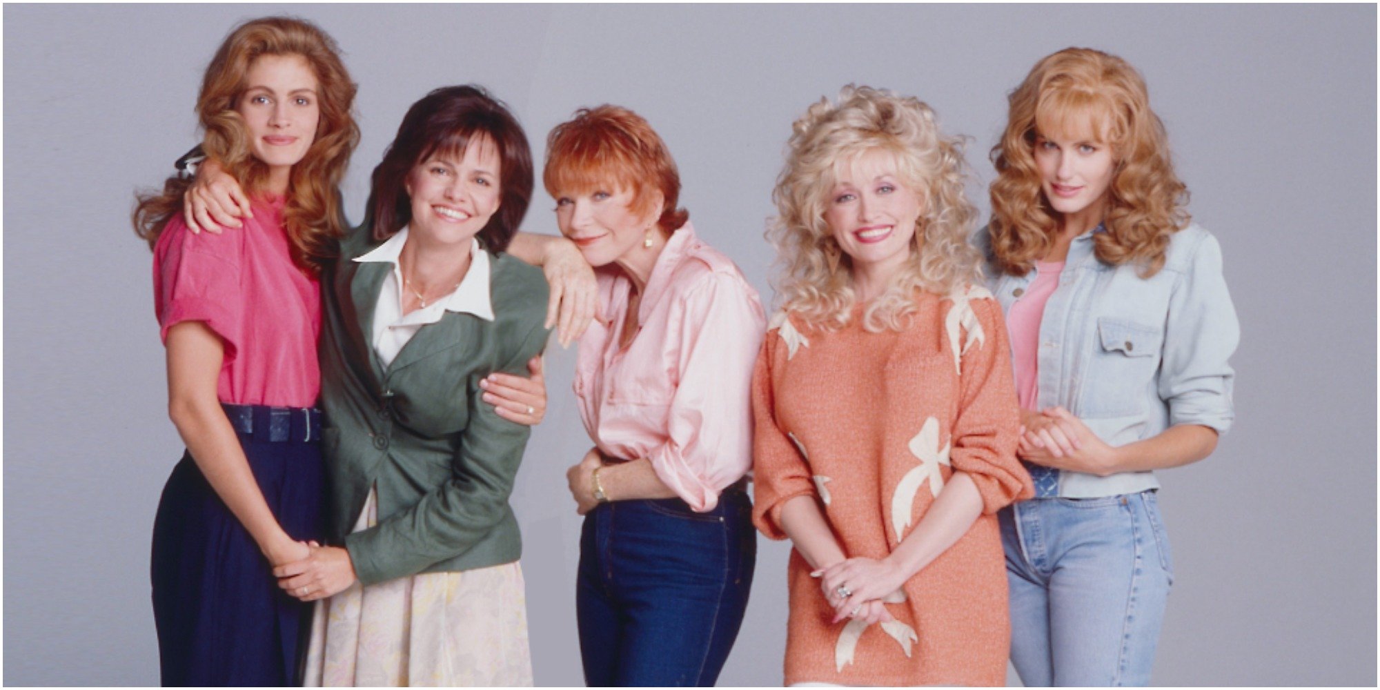 Steel Magnolias actresses Julia Roberts, Sally Field, Shirley MacClaine, Dolly Parton, and Daryl Hannah pose for a portrait in October 1989 in Los Angeles, California.