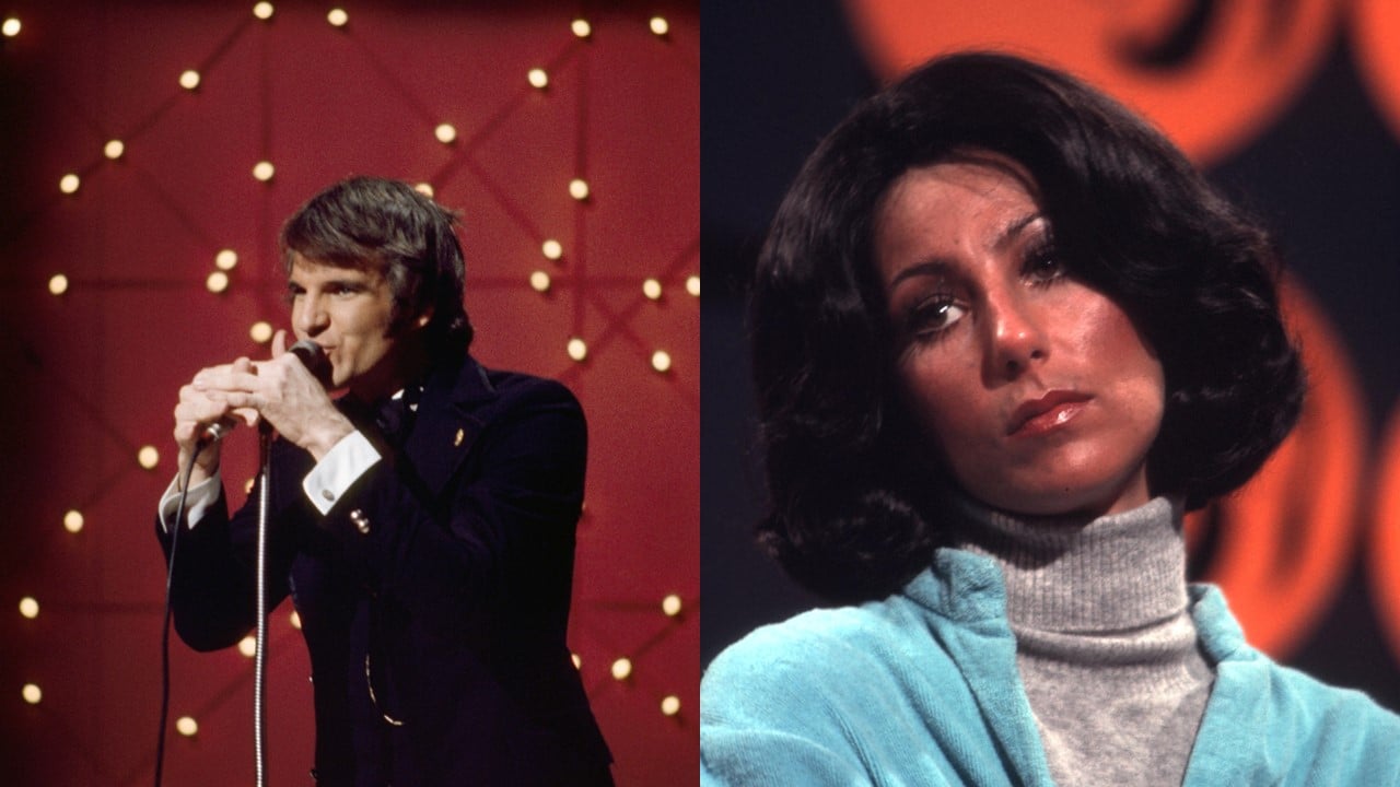 (L) Steve Martin performs on stage in front of a microphone (R) A close-up of Cher c. 1974 from 'The Sonny and Cher Comedy Hour'