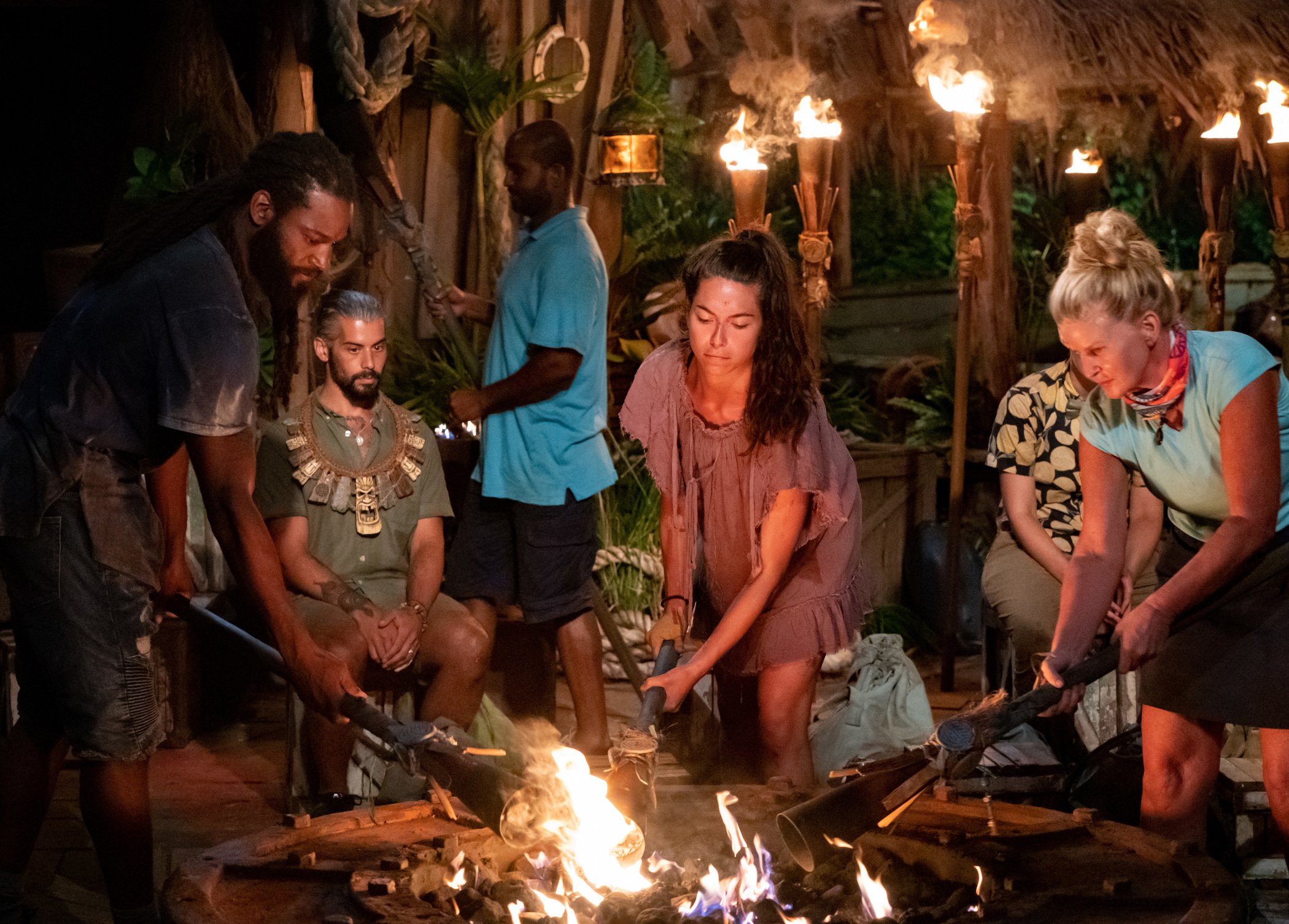 'Survivor' Season 41 Episode 7 Tribal Council with Sydney Segal lighting her torch next to Heather Aldret