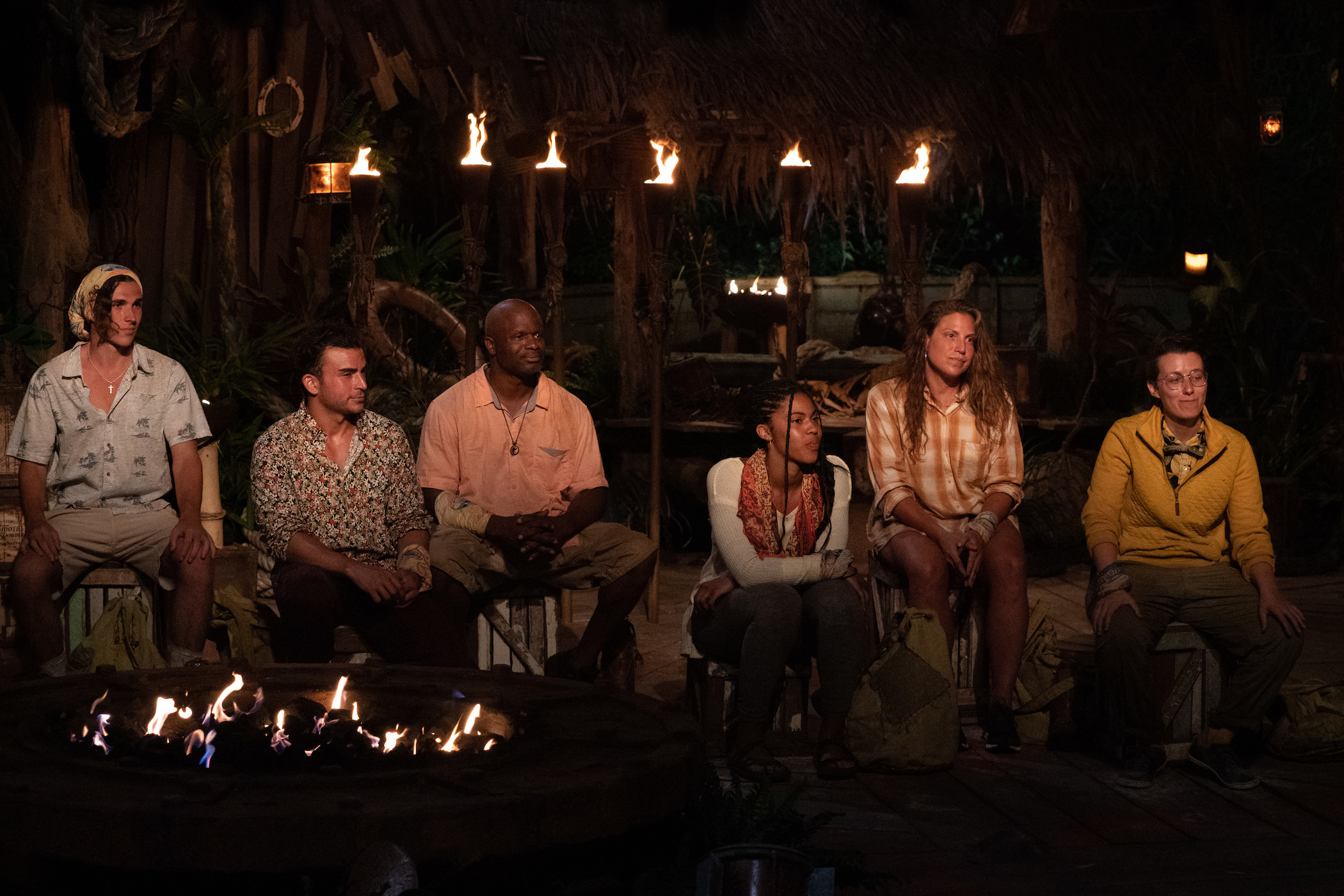 Xander Hastings, David Voce, Eric Abraham, Liana Wallace, Tiffany Seely, and Evvie Jagoda at Tribal Council in 'Survivor' Season 41. 'Survivor' Season 41 spoilers note Evvie goes home in episode 15.