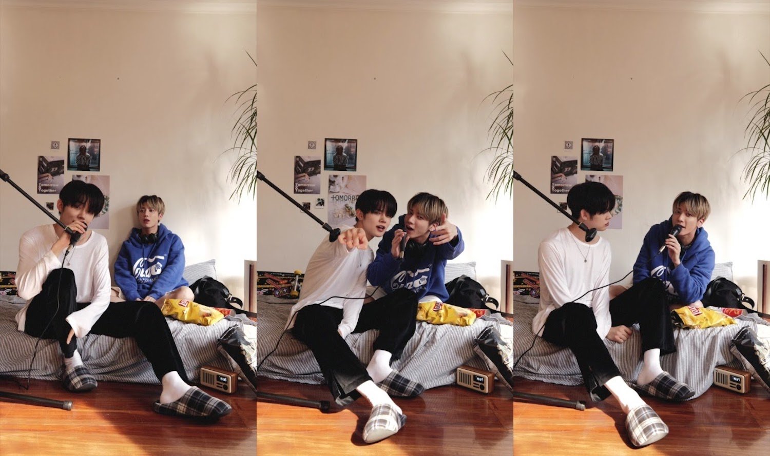 Three joined photos of Yeonjun and Taehyun from TXT sitting on a mattress on the floor