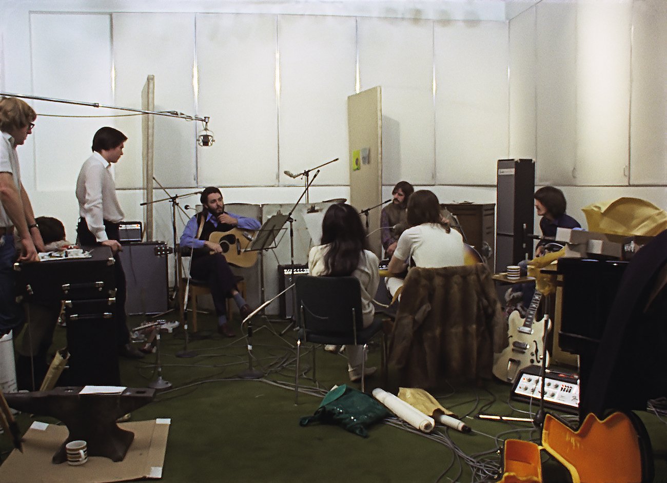 The Beatles recording at Apple Studios, London, 1969.