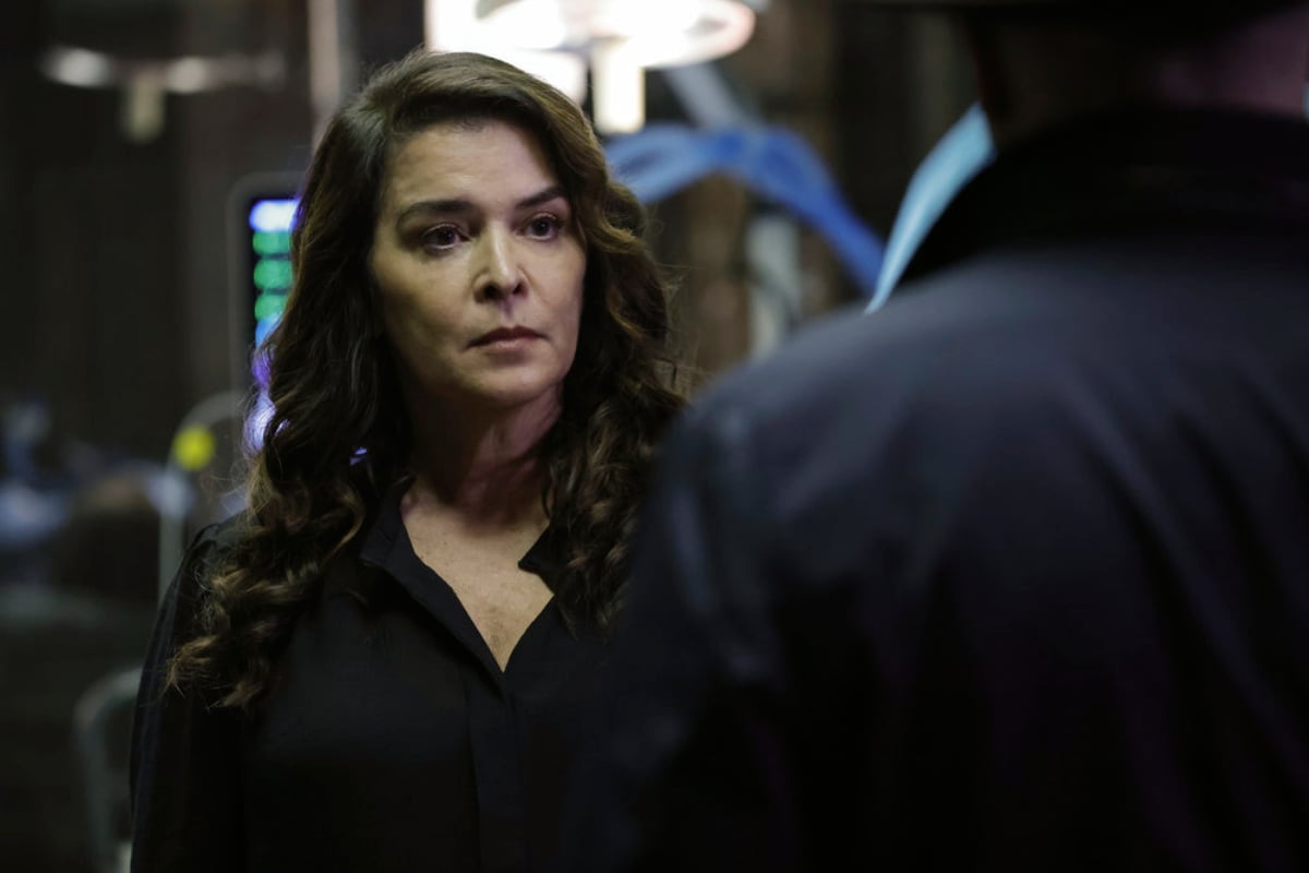 Annabella Sciorra as Michael in The Blacklist Season 9 Episode 4 "The Avenging Angel." Michael looks surprised to face Red.