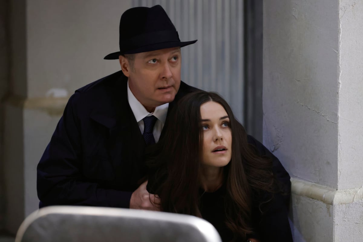 Megan Boone won't return for The Blacklist Season 9. Red stands protectively behind Liz.