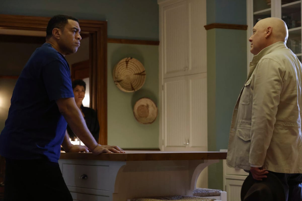 Harry Lennix as Harold Cooper and James Spader as Raymond "Red" Reddington in 'The Blacklist' Season 9. Cooper and Red talk in the kitchen. Weecha can be seen in the background.