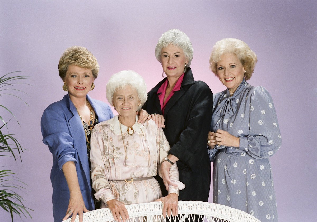 The Golden Girls cast: Rue McClanahan as Blanche Devereux (left), Estelle Getty as Sophia Petrillo, Bea Arthur as Dorothy Zbornak, and Betty White as Rose Nylund