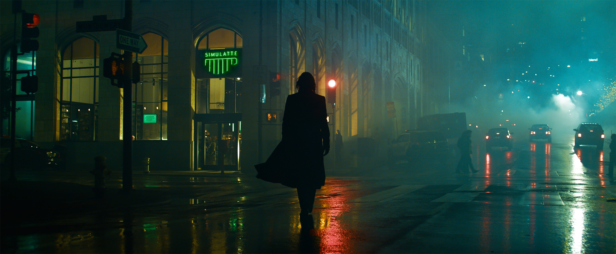 'The Matrix Resurrection' plot with Keanu Reeves as Neo/Thomas Anderson walking down a wet, dark street with a neon sign in the background