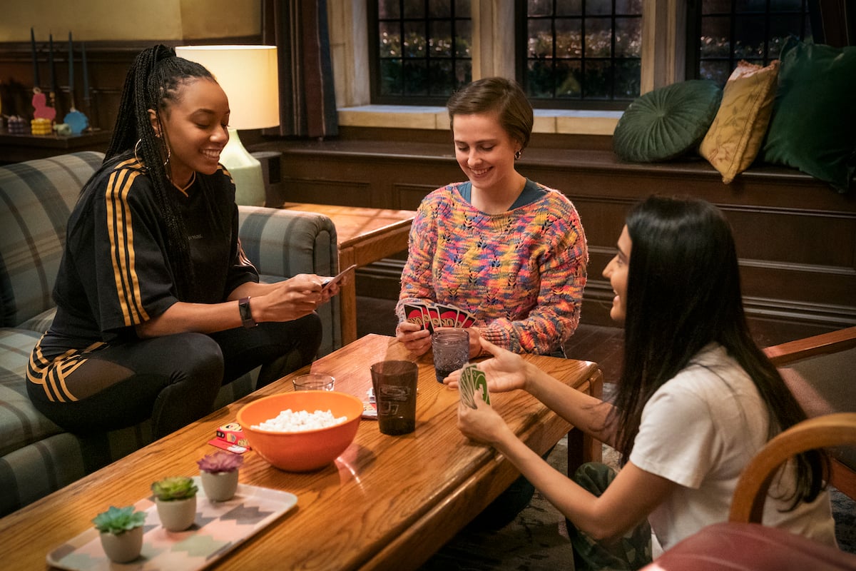Alyah Chanelle Scott, Pauline Chalamet, and Amrit Kaur in a scene from 'The Sex Lives of College Girls'