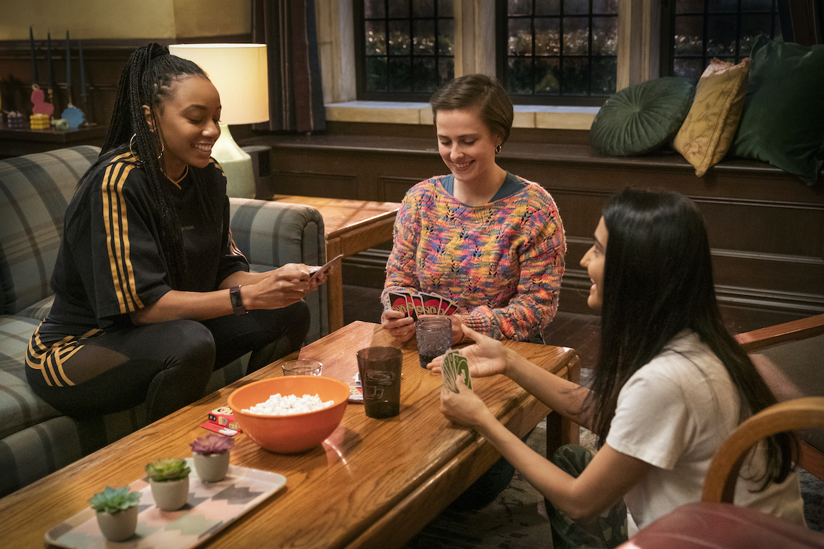 Alyah Chanelle Scott, Pauline Chalamet, and Amrit Kaur in a scene from 'The Sex Lives of College Girls'