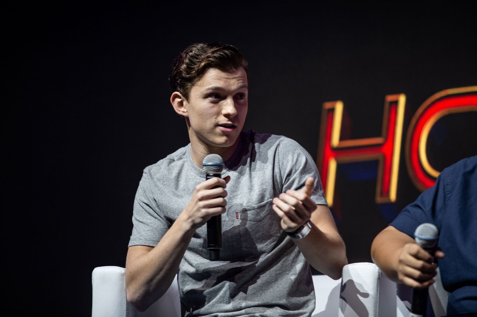 'Spider-Man: No Way Home' star Tom Holland wears a gray t-shirt and speaks into a microphone.