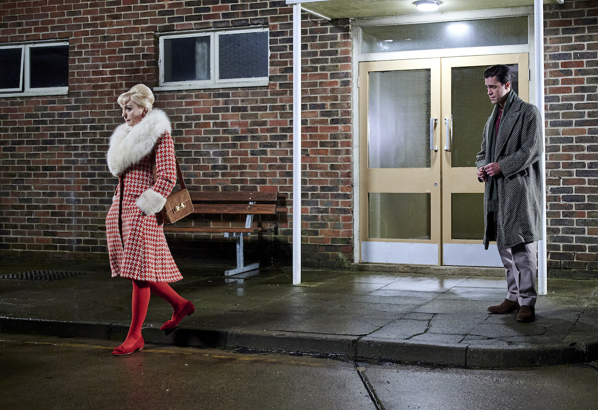 Trixie, wearing a fur-collared coat, walking away from Matthew in 'Call the Midwife'