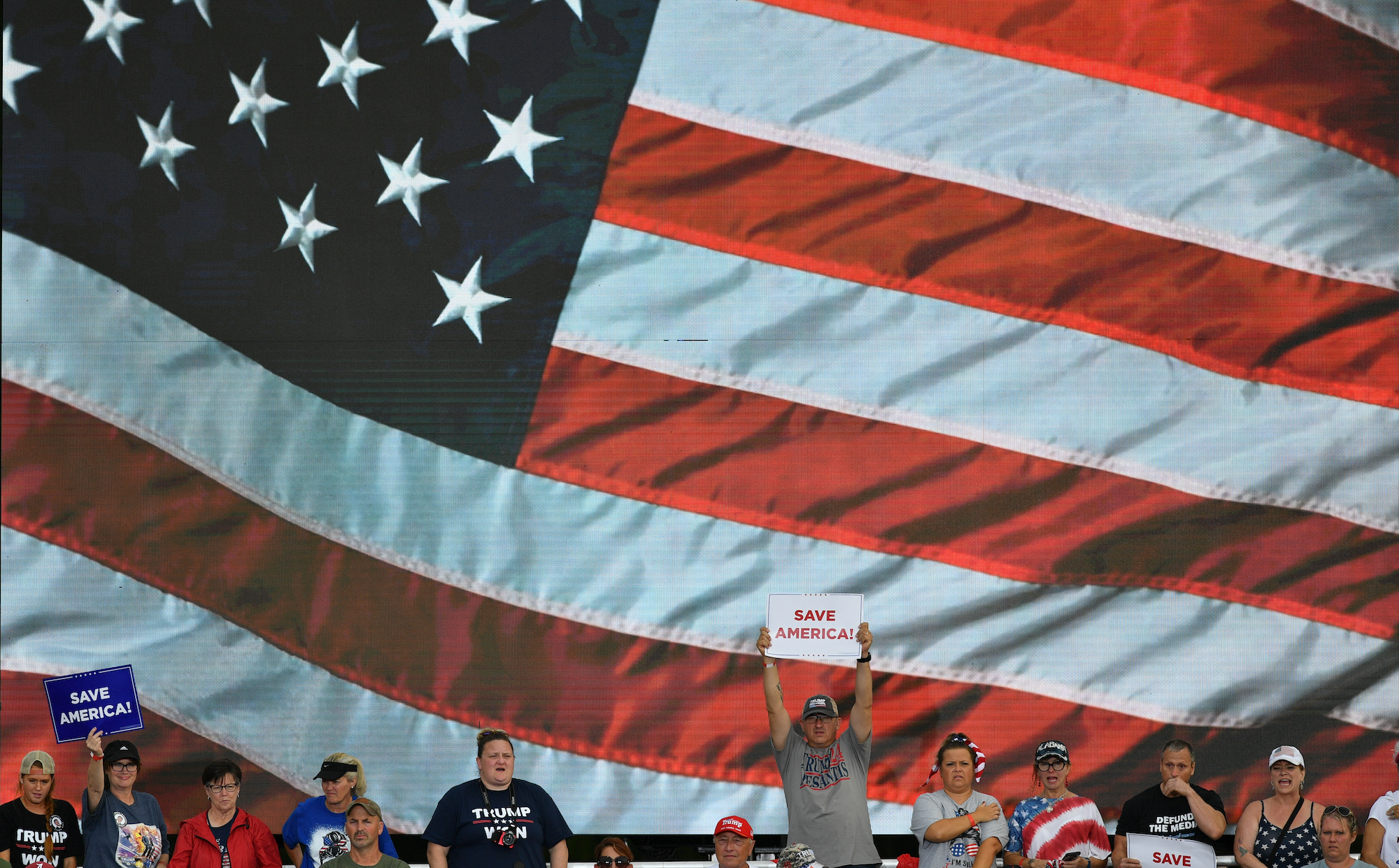 An American flag at a MAGA rally