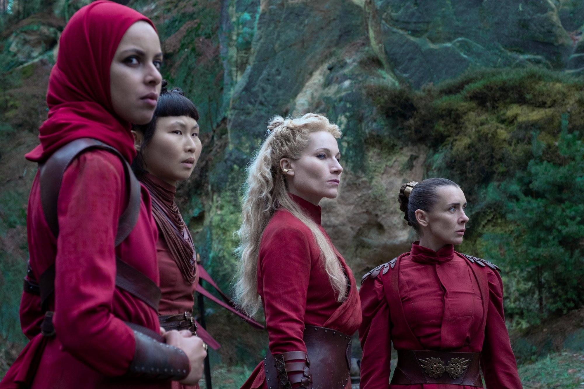 Kate Fleetwood as Liandrin Guirale surrounded by several unnamed Aes Sedai in Amazon Prime Video's 'The Wheel of Time' TV series. All four women are wearing red Ajah.