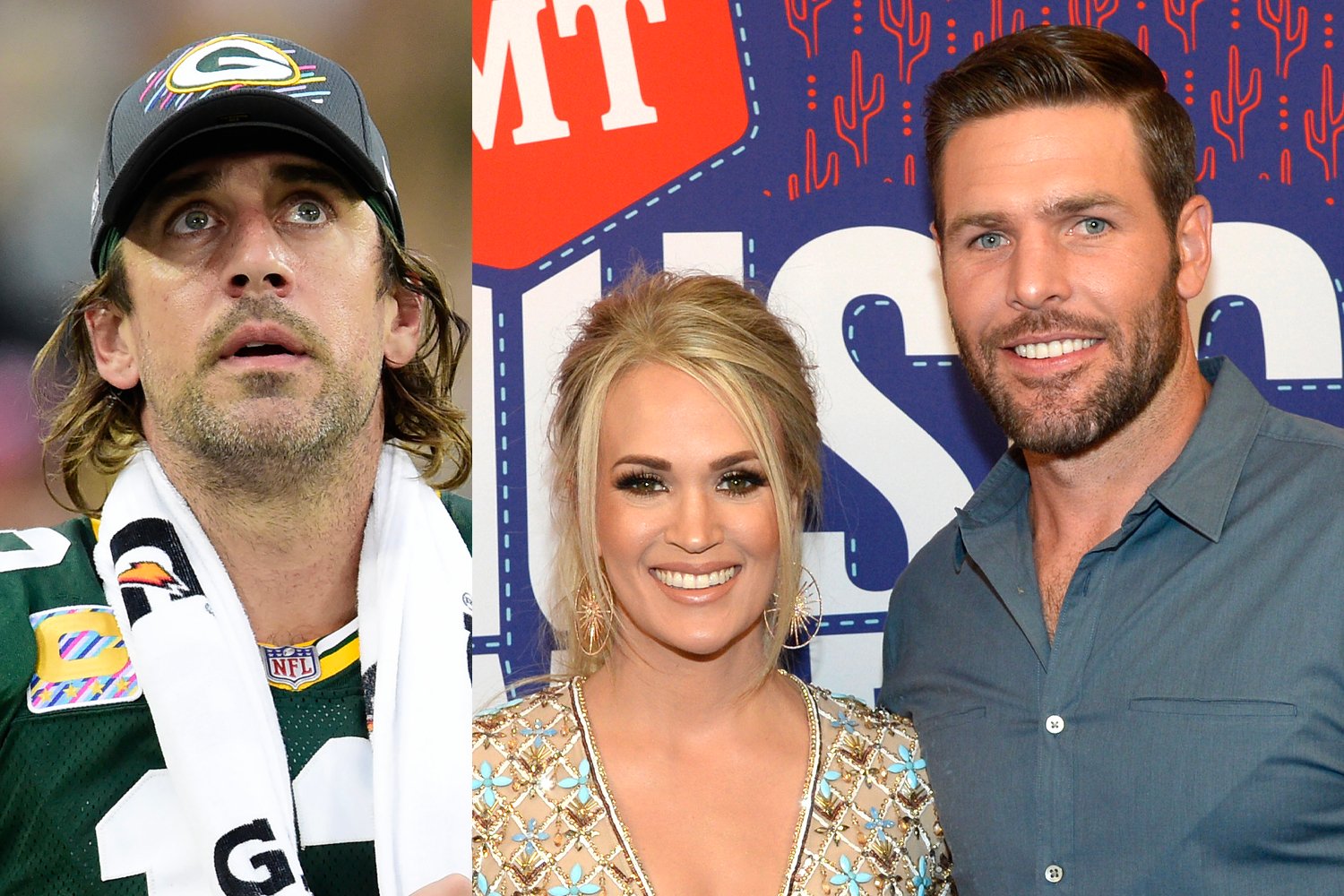Aaron Rodgers looking up and Carrie Underwood smiles with husband Mike Fisher