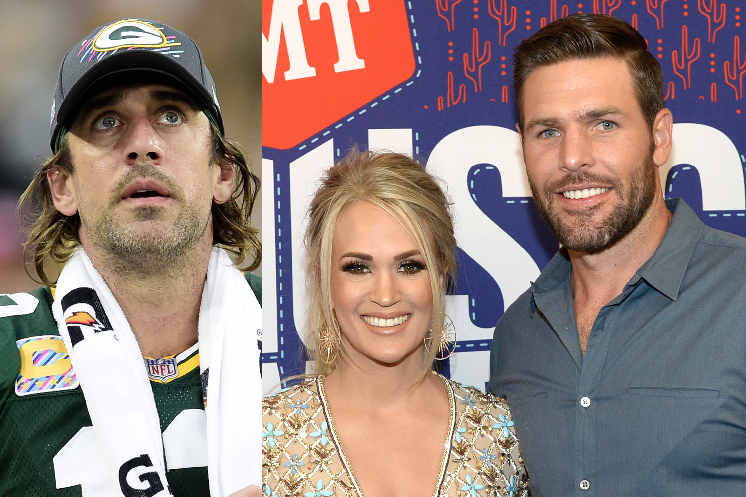 Aaron Rodgers looking up and Carrie Underwood smiles with husband Mike Fisher