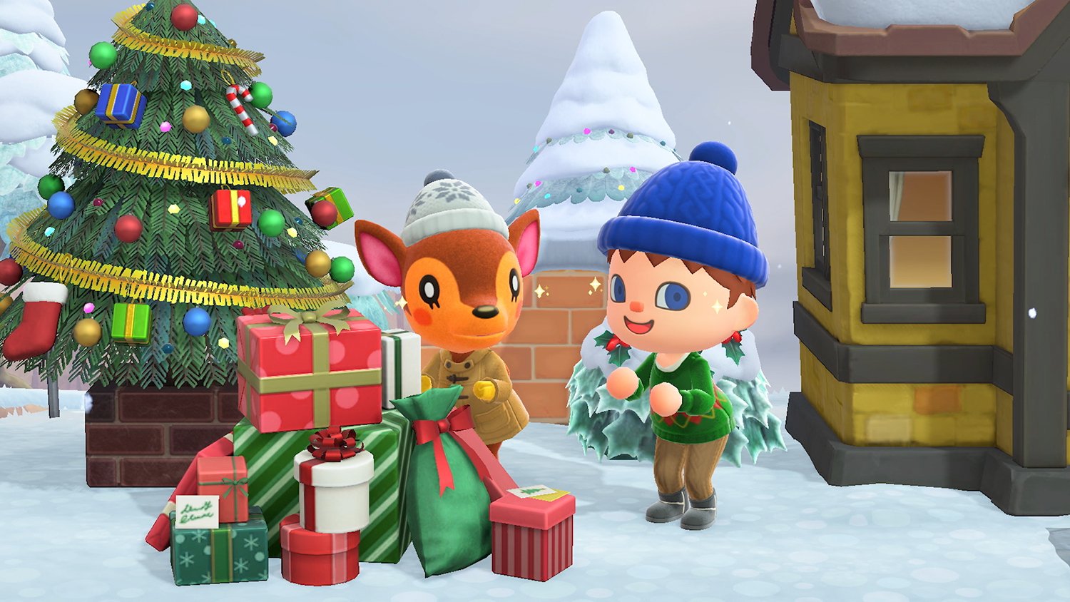 A villager stands by a pile of presents with Fauna in December in Animal Crossing: New Horizons