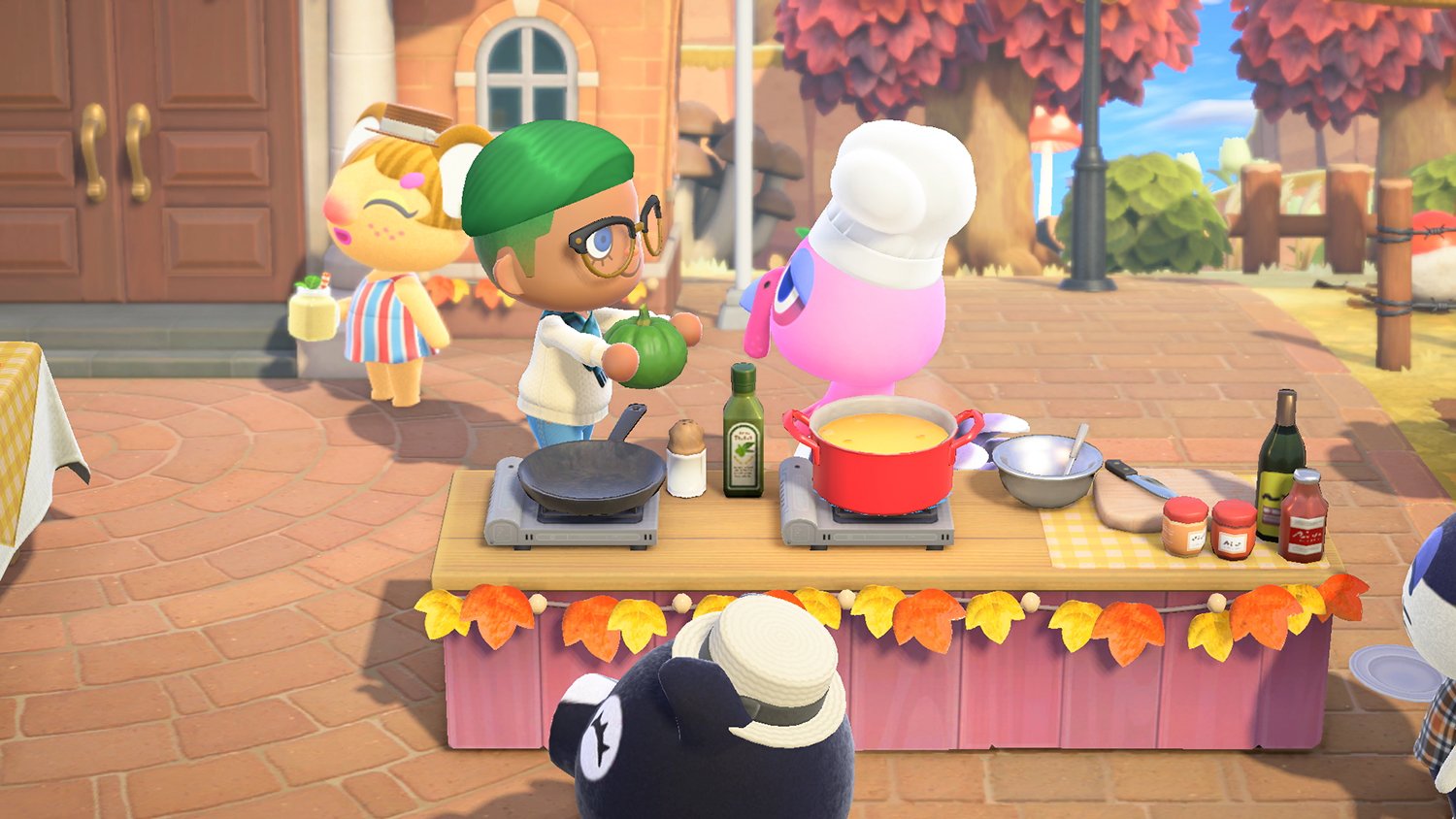 A villager hands Franklin a green pumpkin during the Animal Crossing: New Horizons Turkey Day event