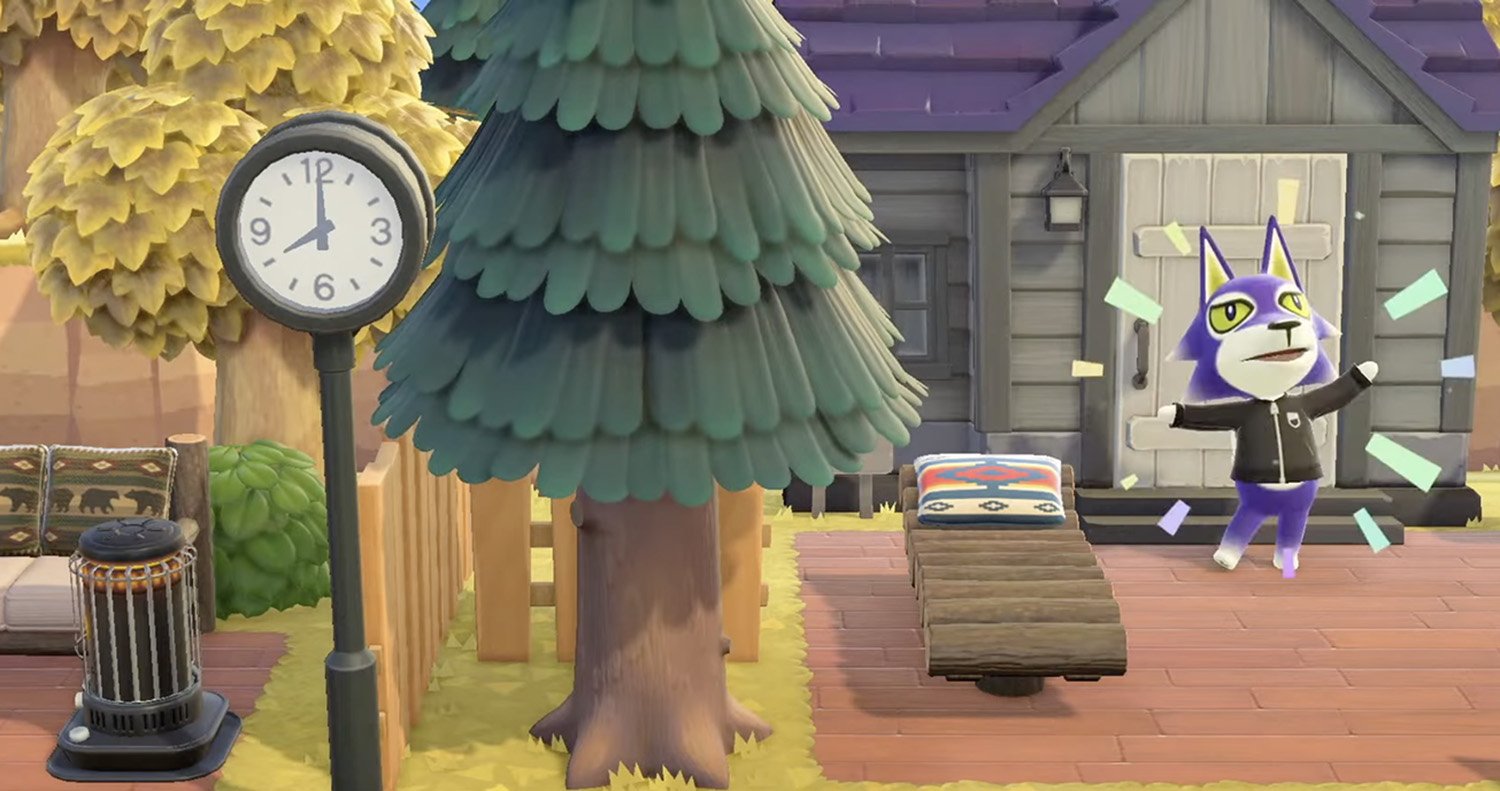 A wolf emerges from his home in Animal Crossing: New Horizons under the Early Bird town ordinance