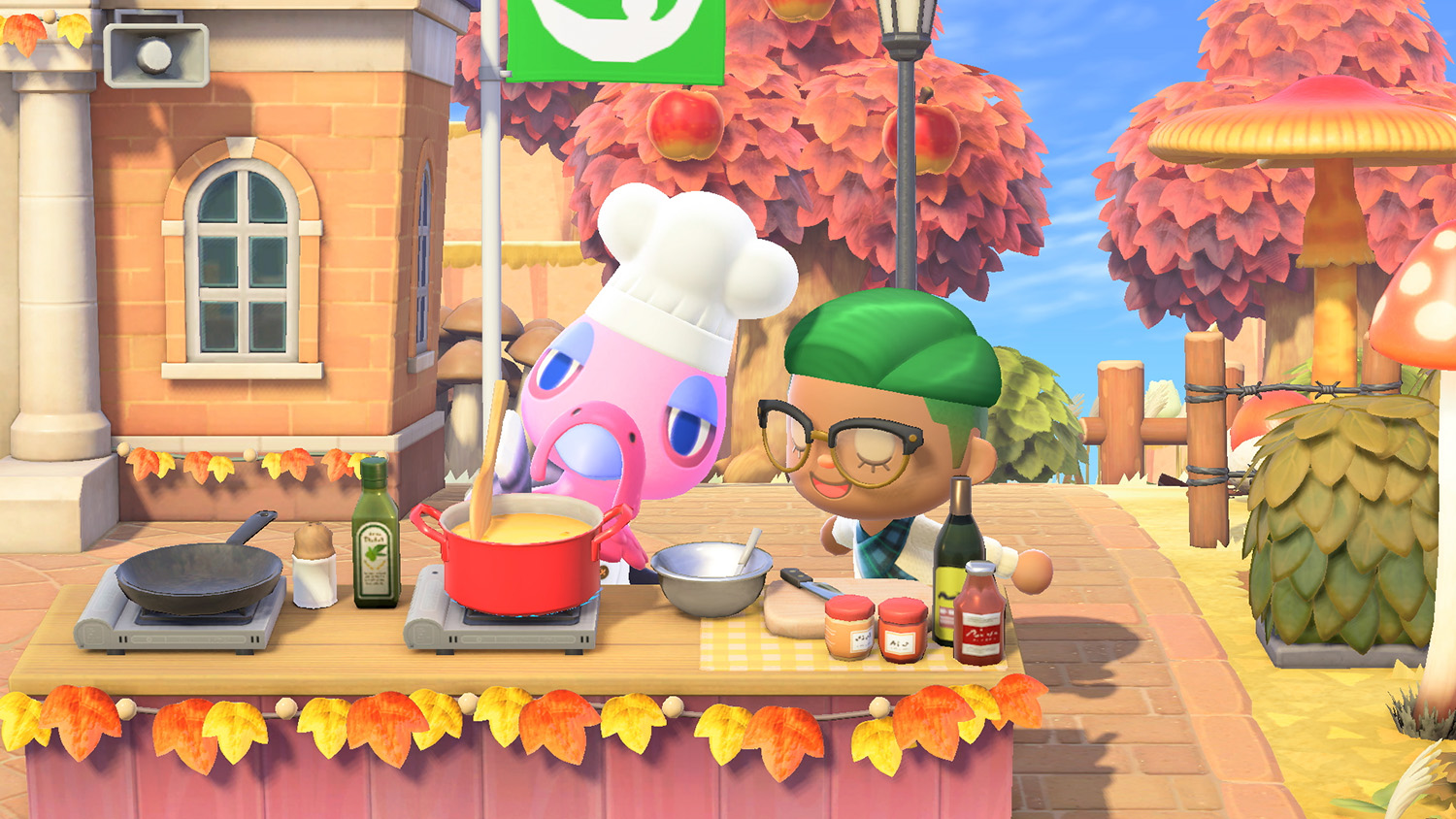 A player stands next to Franklin during the Turkey day event in November in Animal Crossing: New Horizons