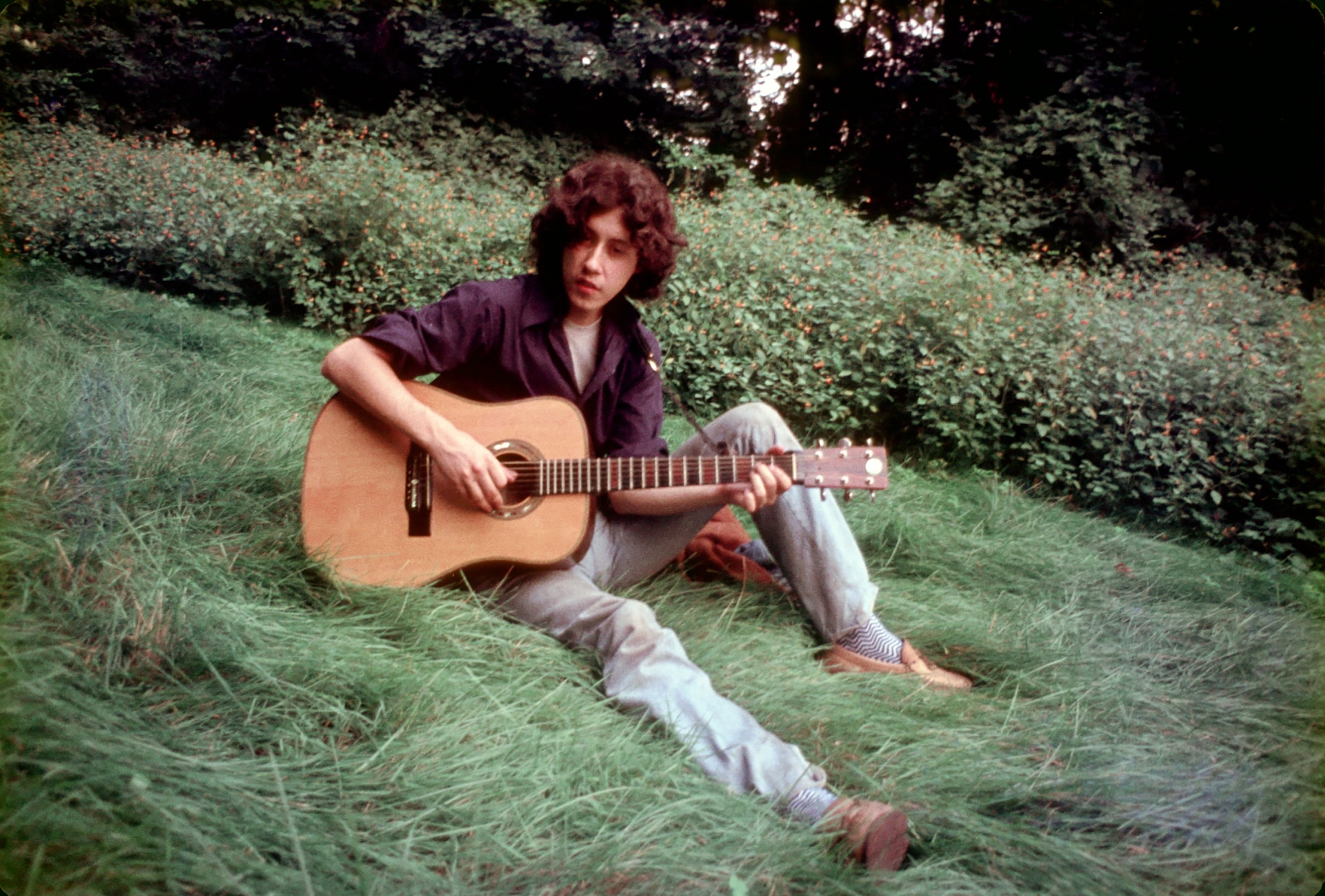 Arlo Guthrie, the singer of the classic Thanksgiving song "Alice's Restaurant," sitting on the grass with his guitar