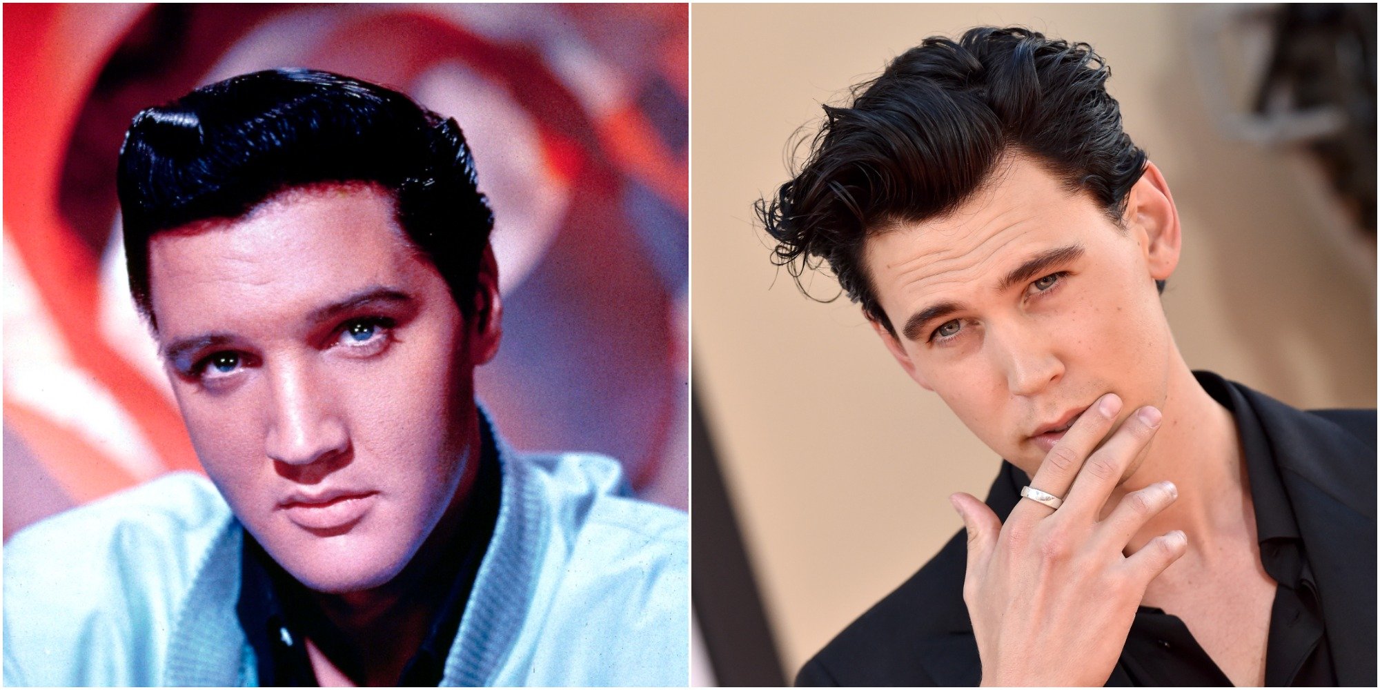 Austin Butler and Elvis Presley in a side by side set of photographs.