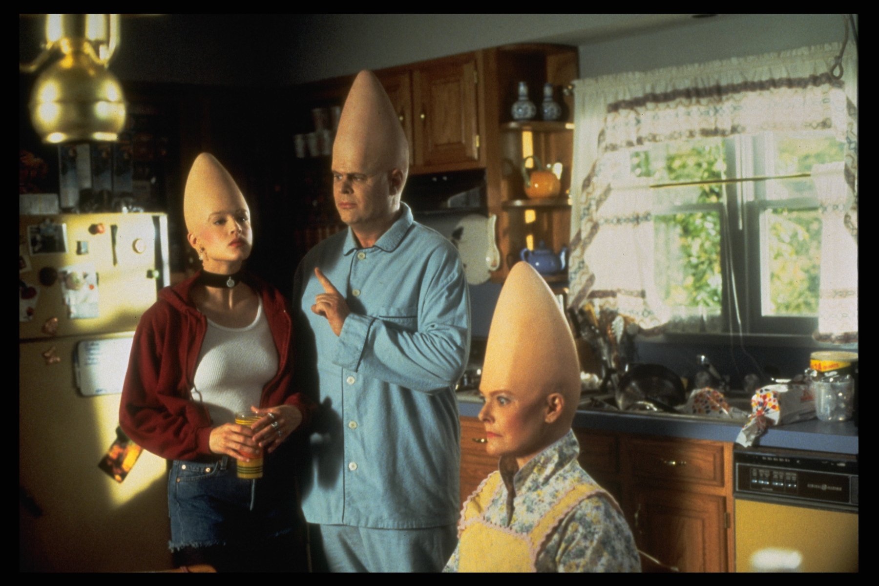 Dan Aykroyd, Michelle Burke, and Jane Curtin on the set of 'Coneheads'