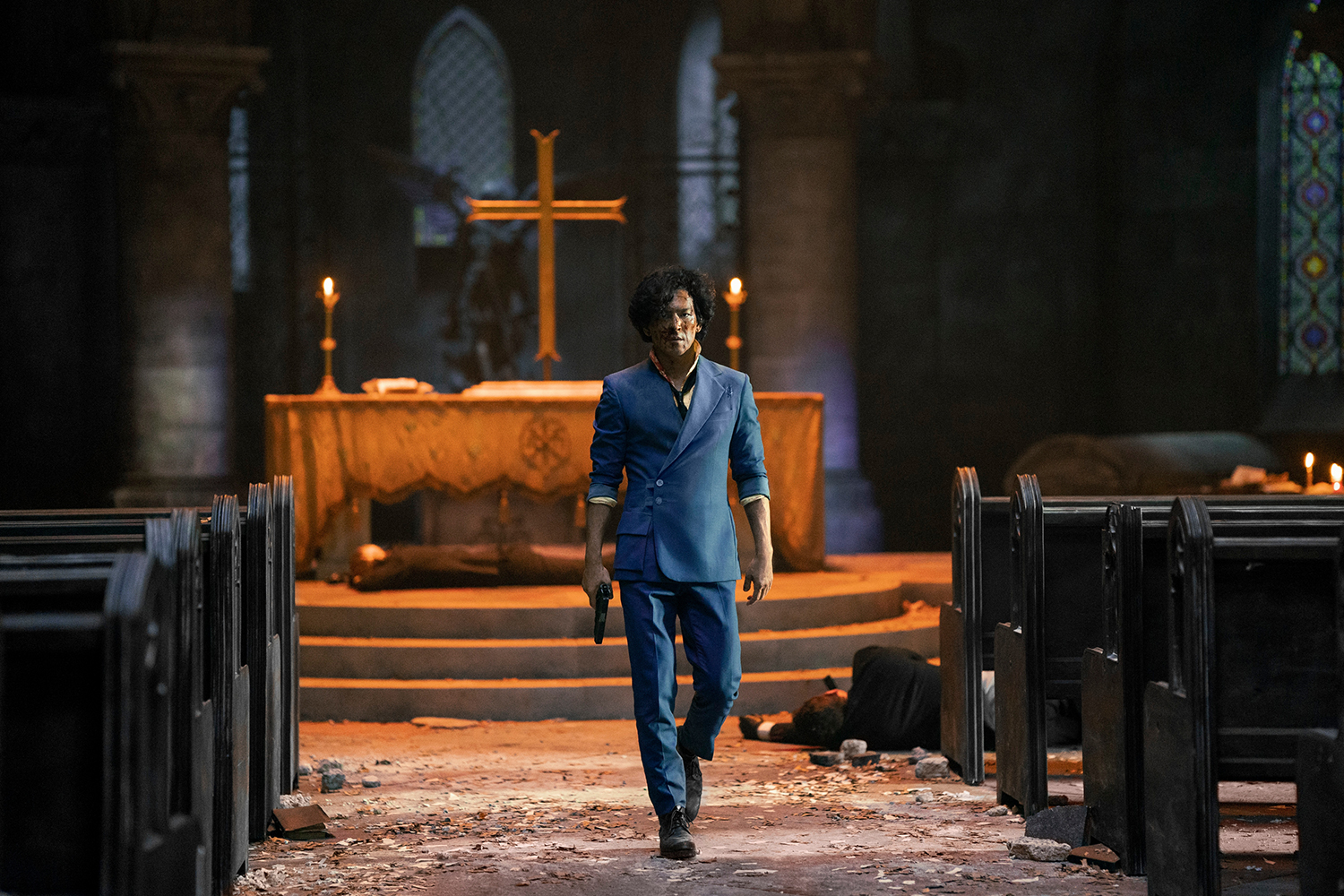 Cowboy Bebop Season 1: John Cho as Spike Spiegel walking through a church