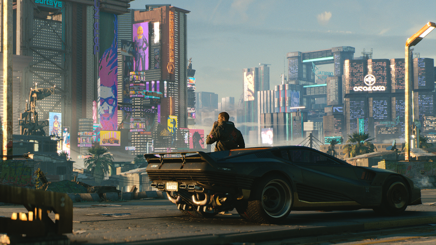 Cyberpunk 2077 character V poses in front of a car overlooking Night City
