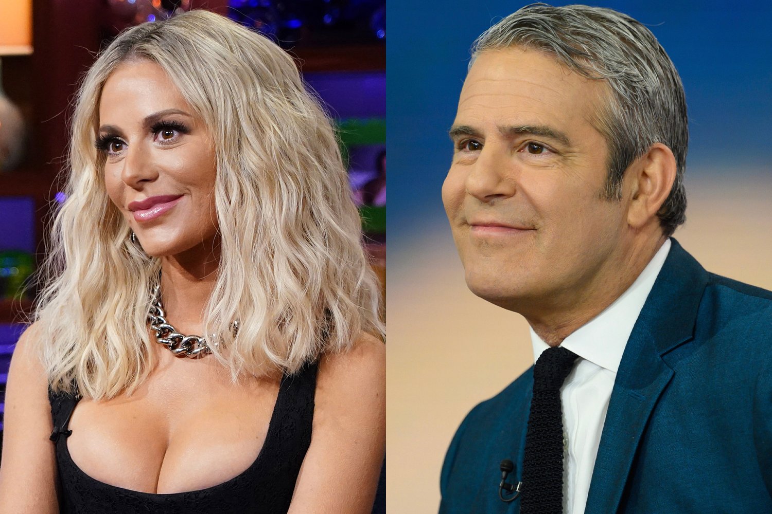 Dorit Kemsley smiling and Andy Cohen smirk