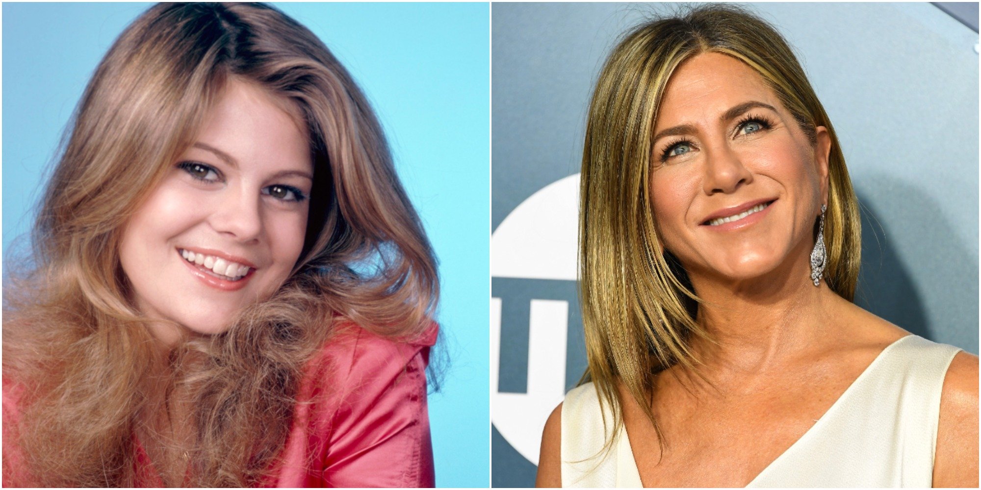 Lisa Welchel and Jennifer Aniston pose in seperate photographs in a side by side image.