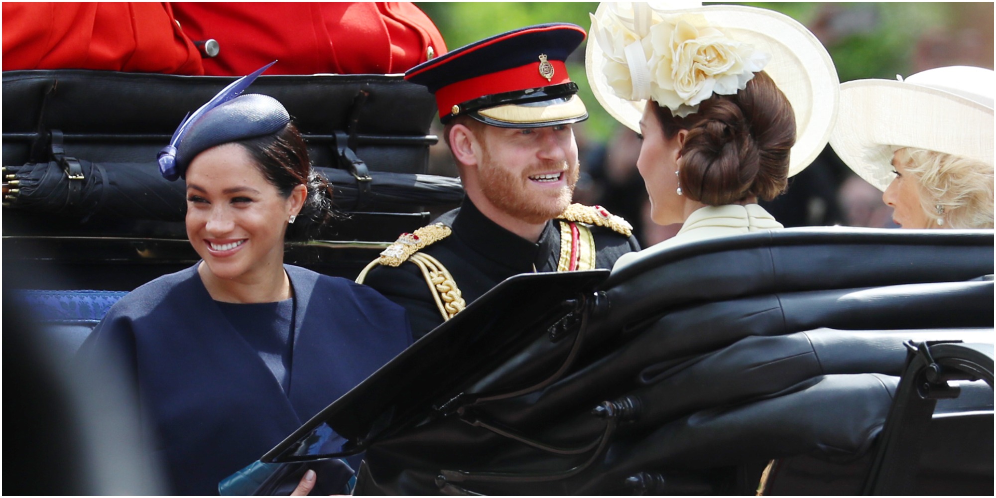 Prince Harry, Meghan Markle, Kate Middleton, and Camilla Parker Bowles ride in a carriage for Trooping the Colour.