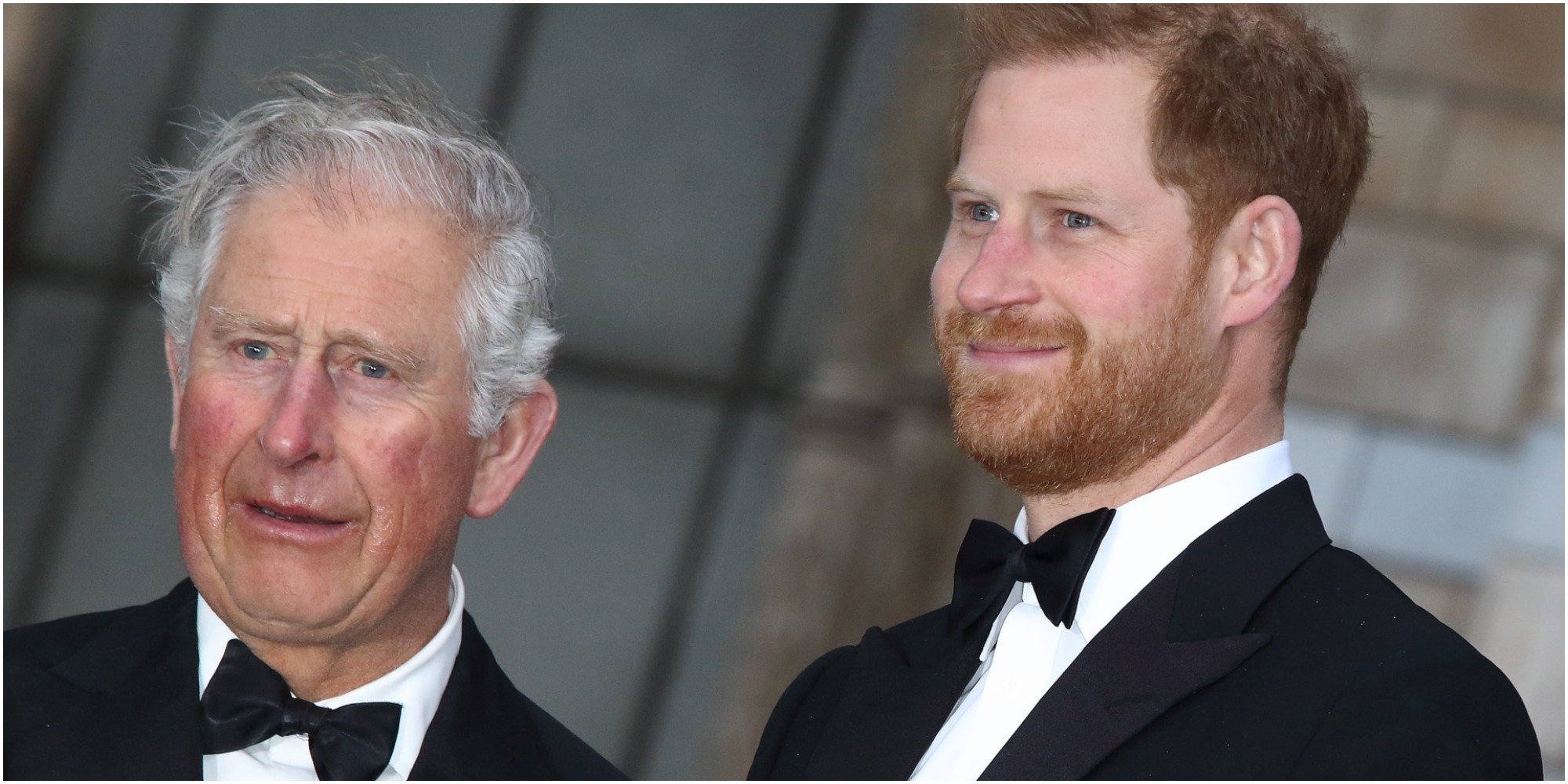 Prince Charles and Prince Harry wear tuxedos and stand alongside one another.
