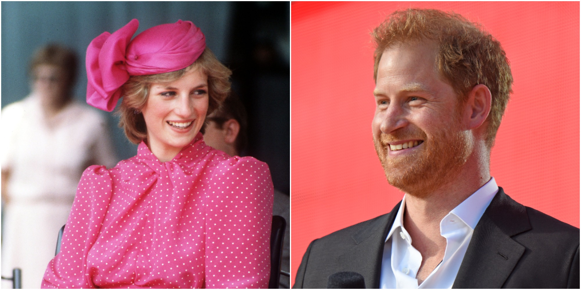 Princess Diana and Prince Harry smile in side-by-side images.