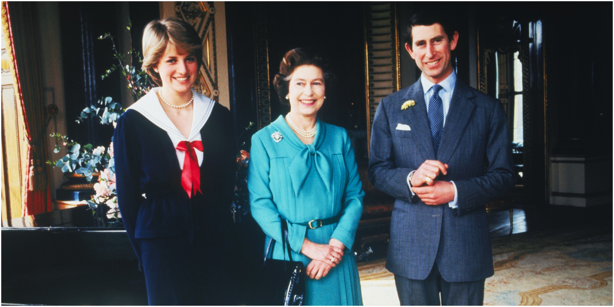 Princess Diana, Queen Elizabeth and Prince Charles pose ahead of the couple's wedding.