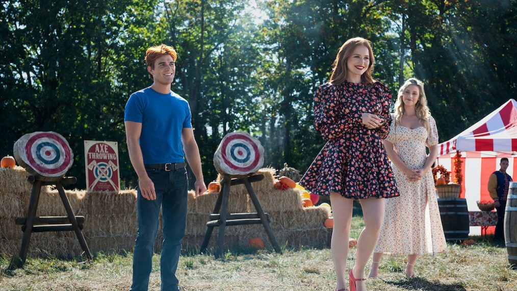 KJ Apa as Archie Andrews, Madelaine Petsch as Cheryl Blossom and Lili Reinhart as Betty Cooper in Riverdale Season 6 Episode 1