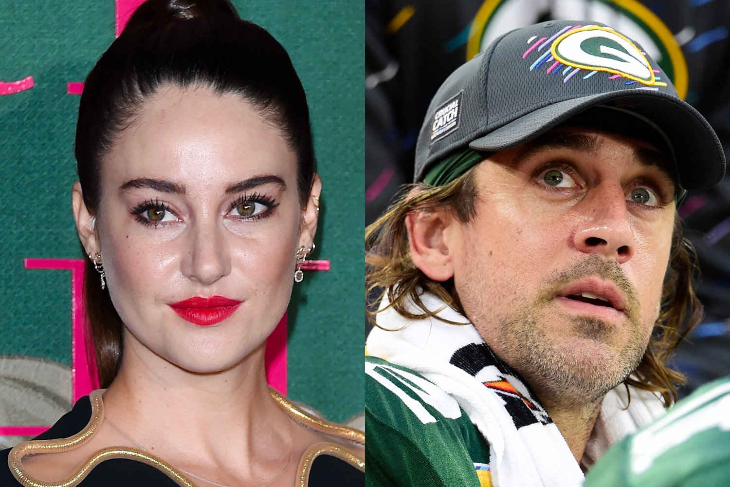 Shailene Woodley smiling and Aaron Rodgers during an NFL game