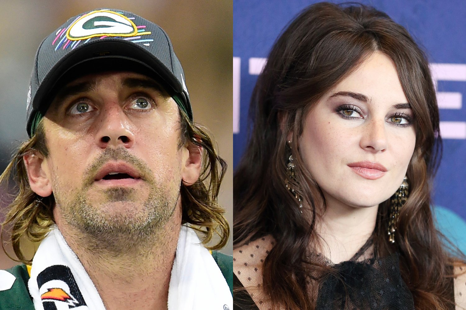 Aaron Rodgers looking up and Shailene Woodley looking sideways
