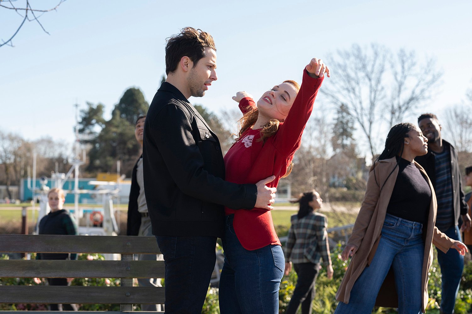 Skylar Astin as Max and Jane Levy as Zoey in Zoey's Extraordinary Playlist ahead of the Zoey's Extraordinary Christmas movie