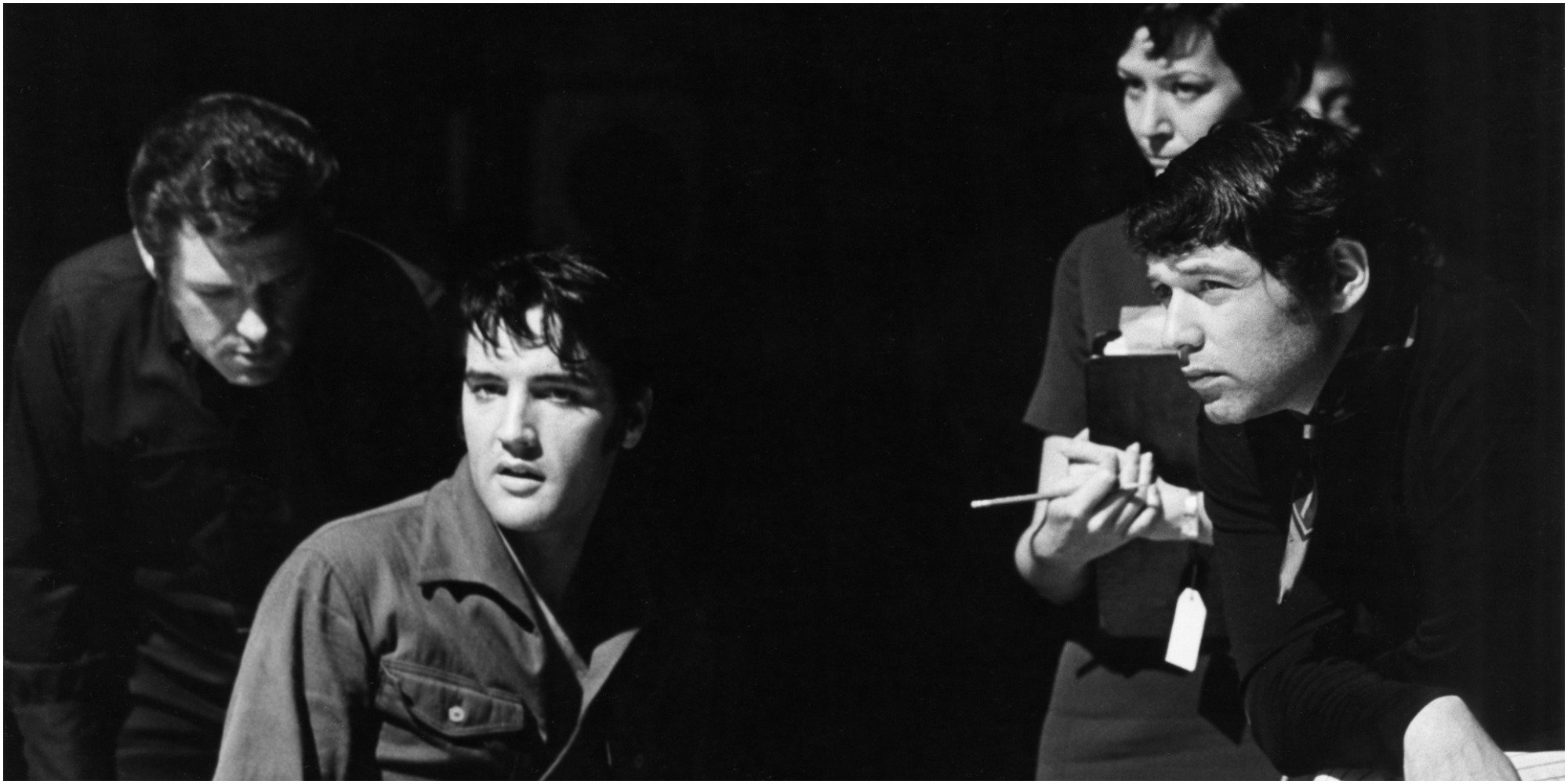 Charlie Hodge, Elvis Presley, and Steve Binder on the set of Presley's 1968 comeback special.